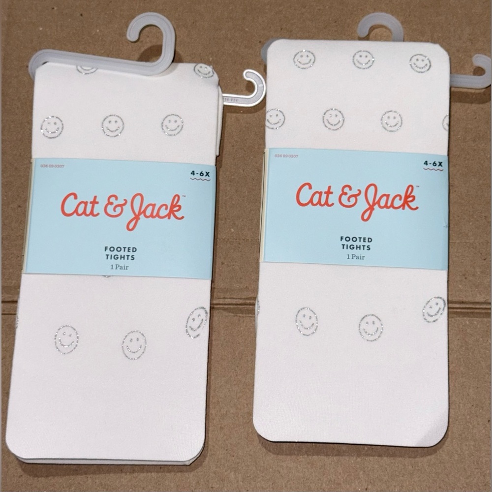 Cat & Jack Girls 4/6X White Combo Footed Tights Bundle Of 2 Pairs NEW
